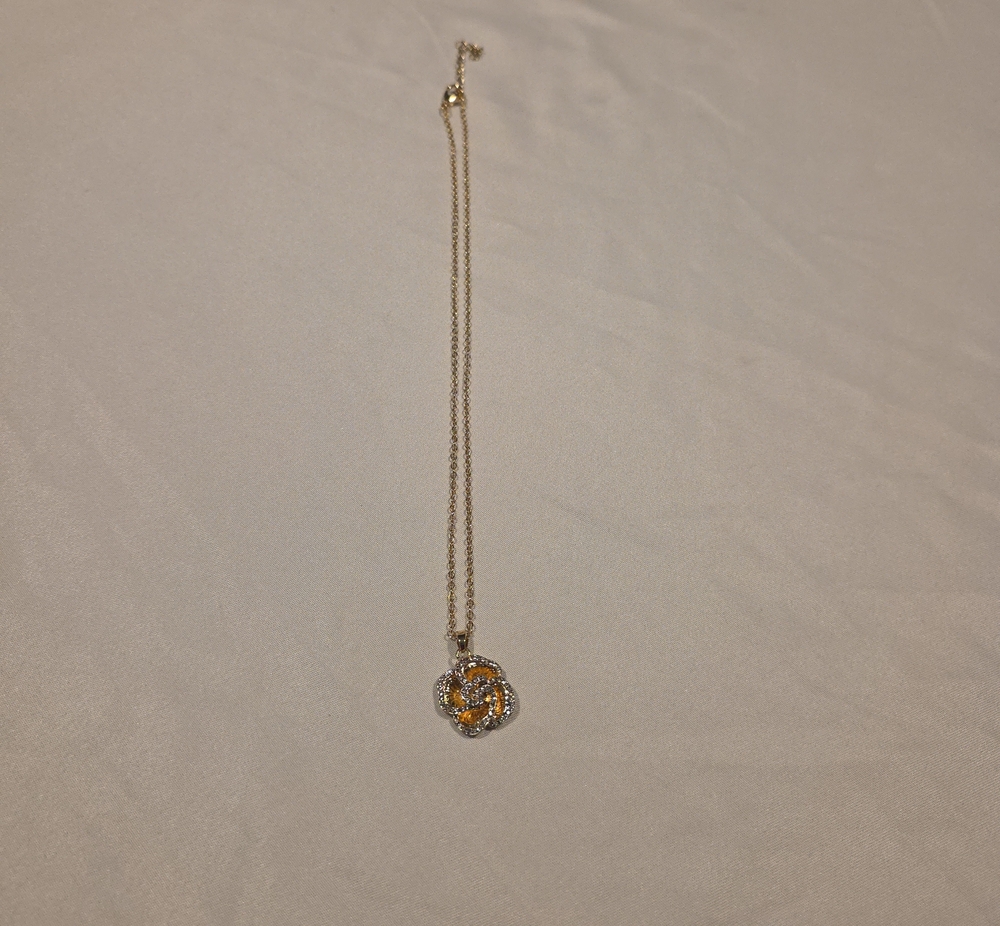 Gold Floral Crystal Pendant Necklace in Amber